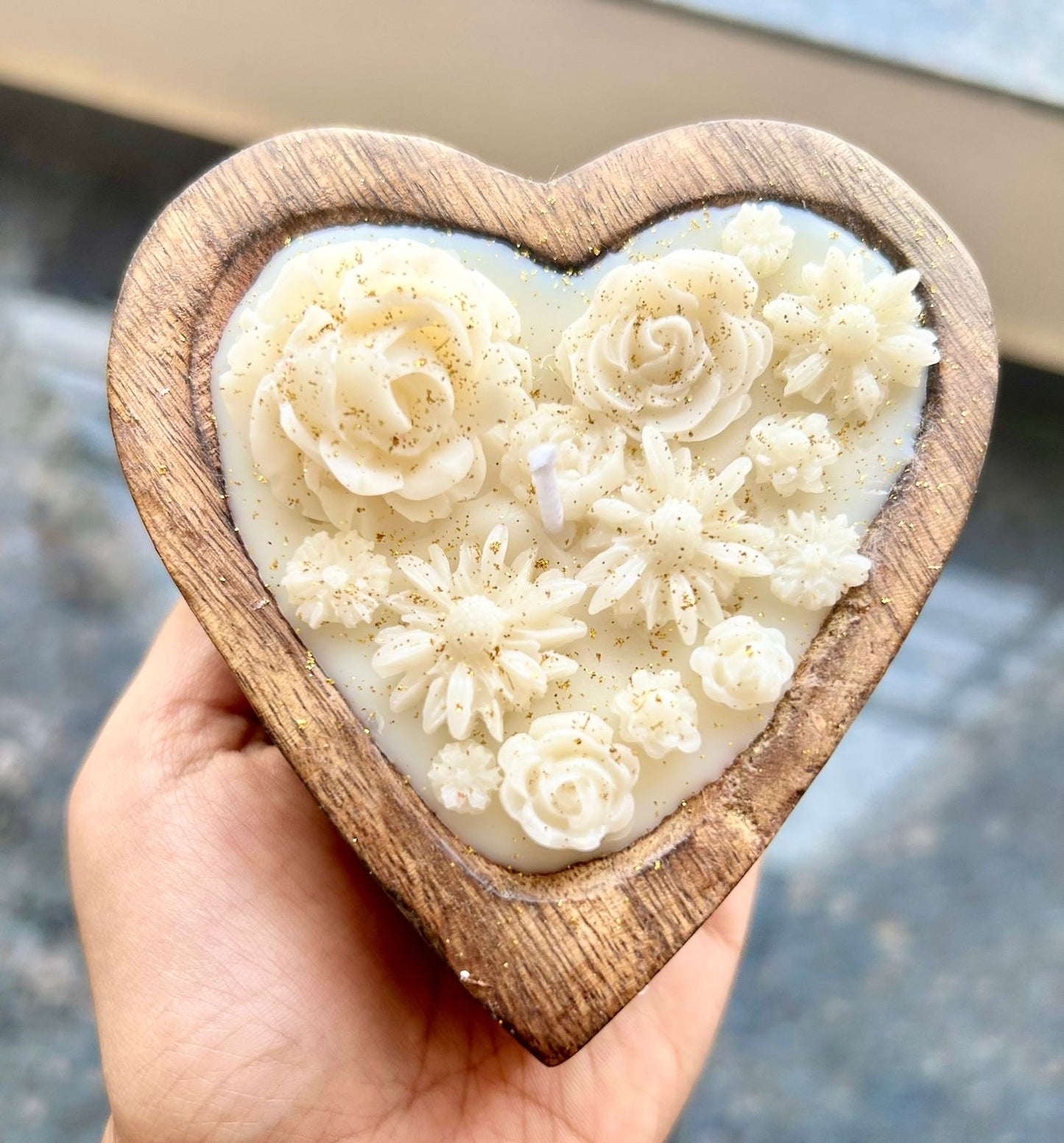 Flowery heart/Wooden heart candle